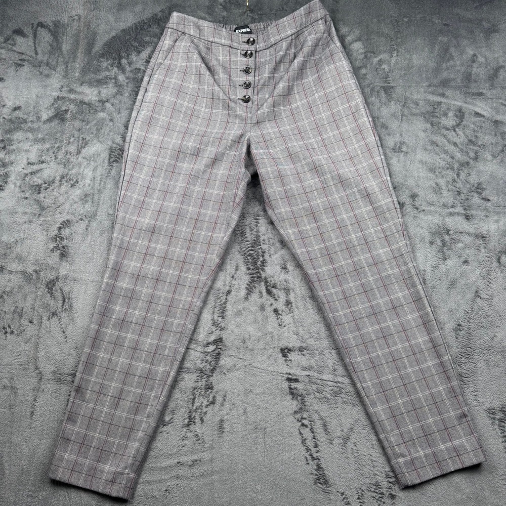 Express Womens High Rise Ankle Plaid Button Fly Trousers Grey Red Size Small